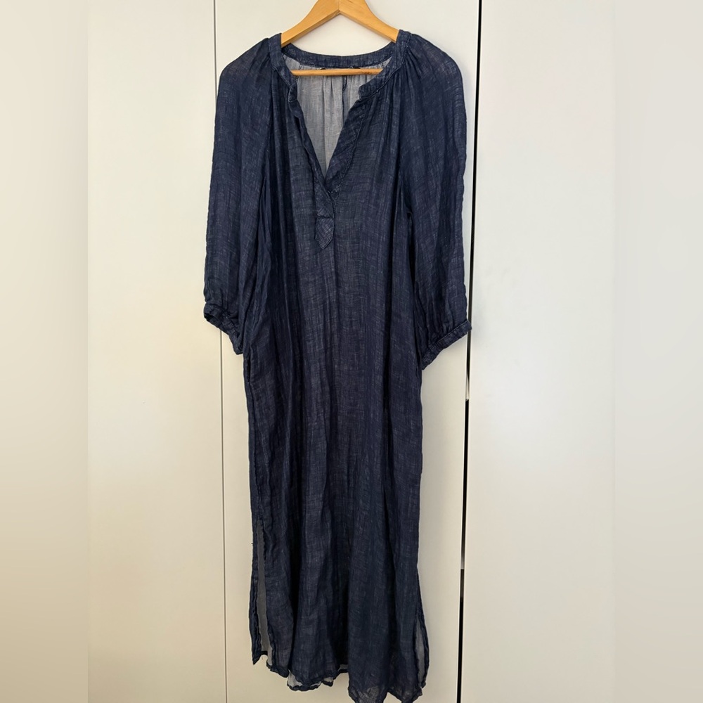 Zara Dark Blue Chambray Textured Dress Linen/cotton